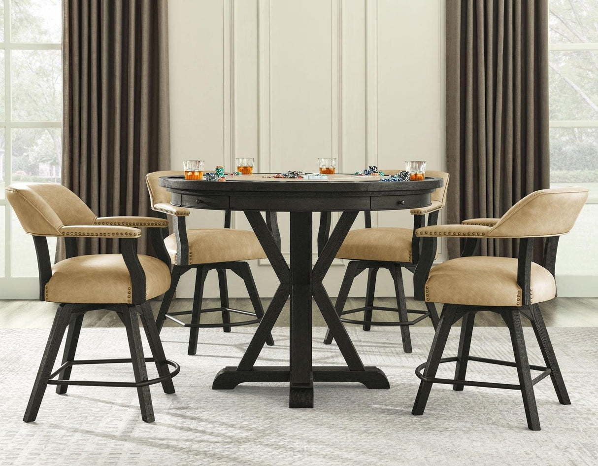 Rylie 48-inch Round Counter Dining Table with 4 Drawers and Game Top, Black Finish by Steve Silver at Eve Furniture