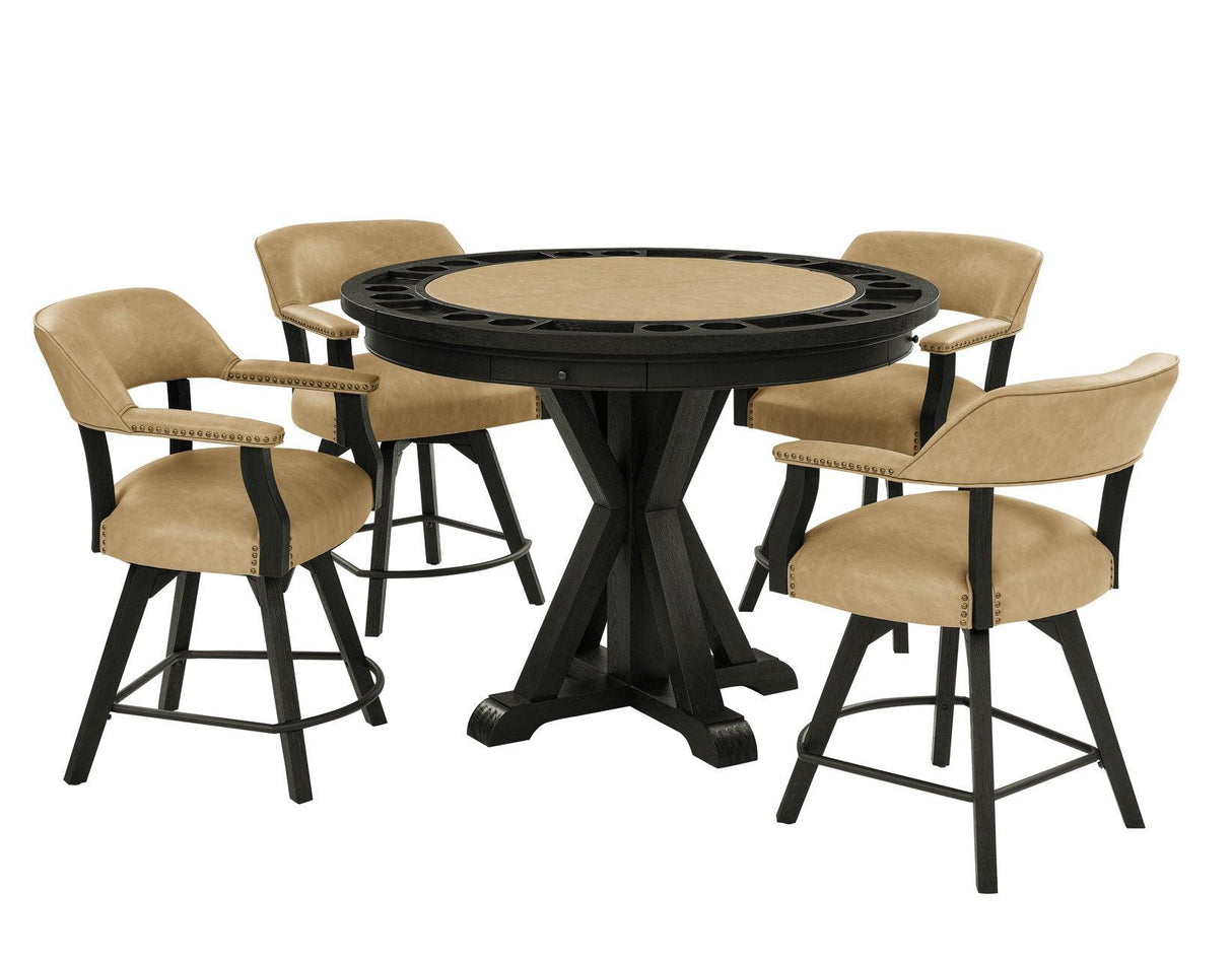 Rylie 48-inch Round Counter Dining Table with 4 Drawers and Game Top, Black Finish by Steve Silver at Eve Furniture