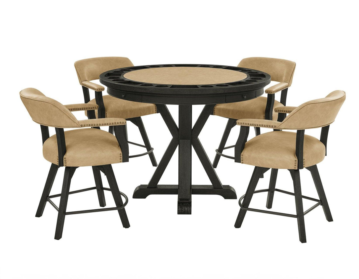 Rylie 48-inch Round Counter Dining Table with 4 Drawers and Game Top, Black Finish by Steve Silver at Eve Furniture