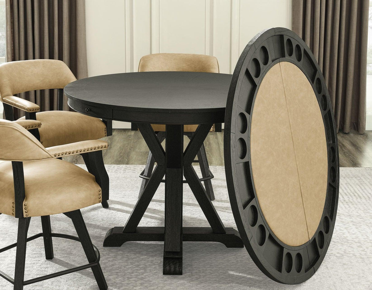 Rylie 48-inch Round Counter Dining Table with 4 Drawers and Game Top, Black Finish by Steve Silver at Eve Furniture