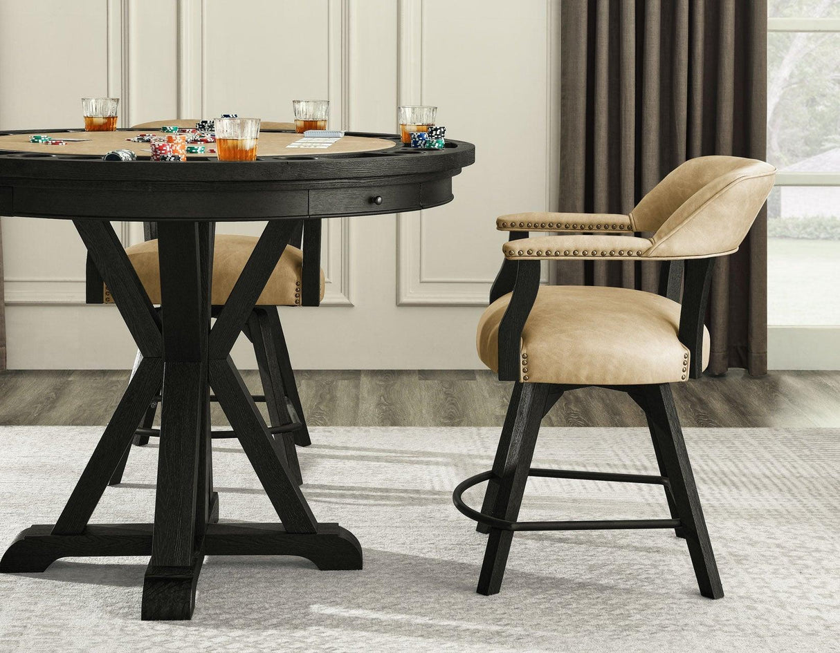 Rylie 48-inch Round Counter Dining Table with 4 Drawers and Game Top, Black Finish by Steve Silver at Eve Furniture