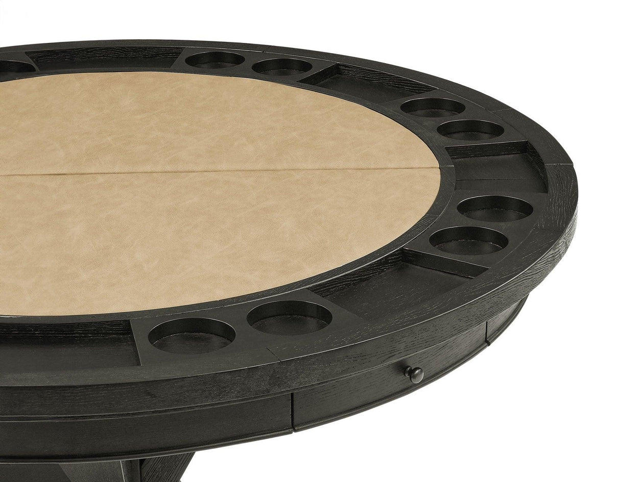 Rylie 48-inch Round Counter Dining Table with 4 Drawers and Game Top, Black Finish by Steve Silver at Eve Furniture