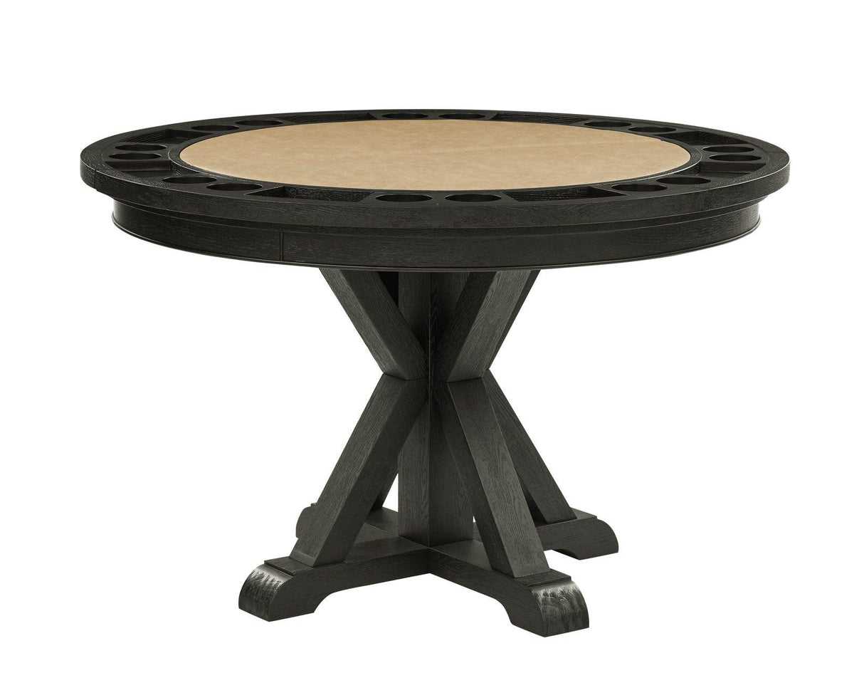 Rylie 48-inch Round Dining Table with Folding Game Top, Black Finish by Steve Silver at Eve Furniture