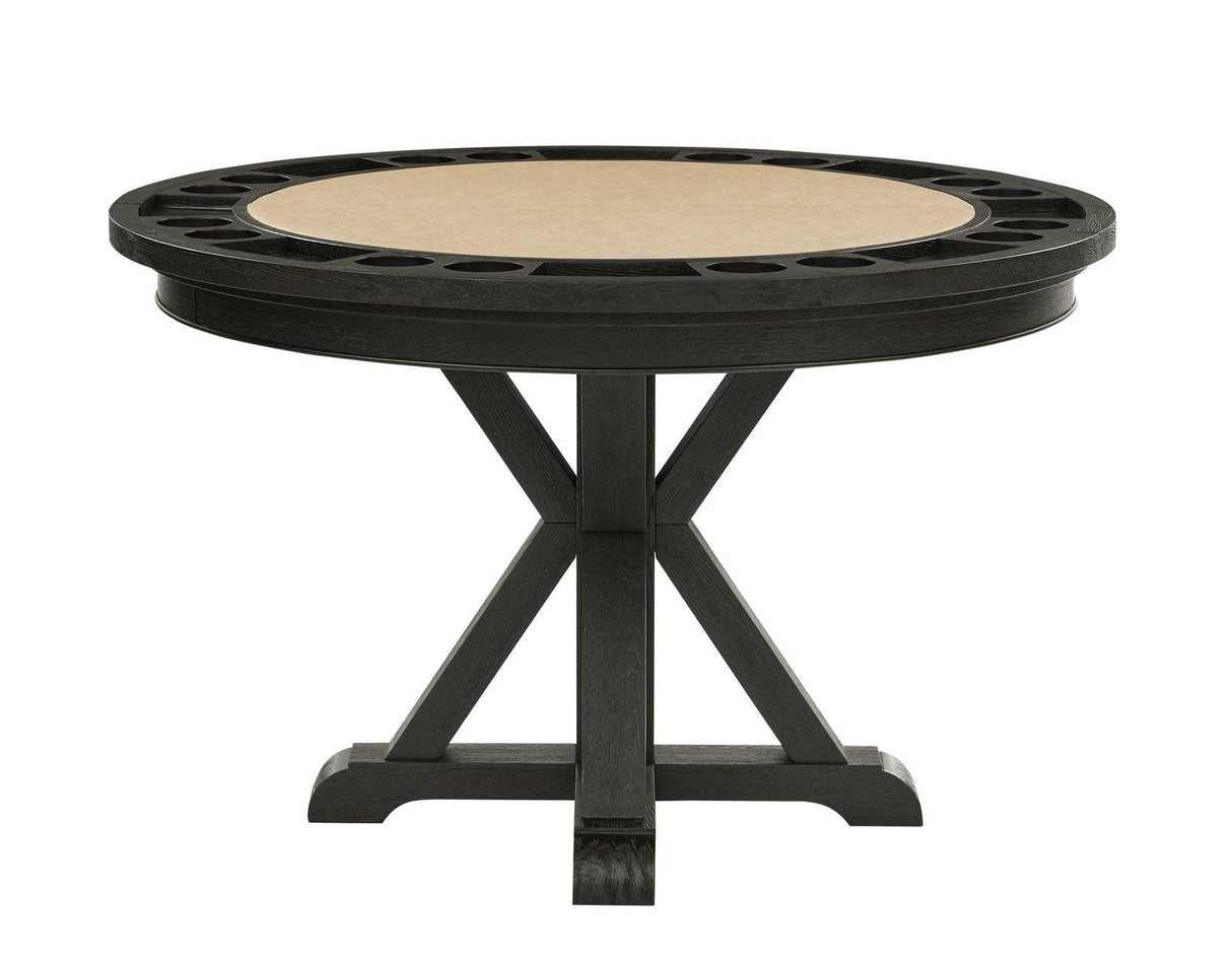 Rylie 48-inch Round Dining Table with Folding Game Top, Black Finish by Steve Silver at Eve Furniture