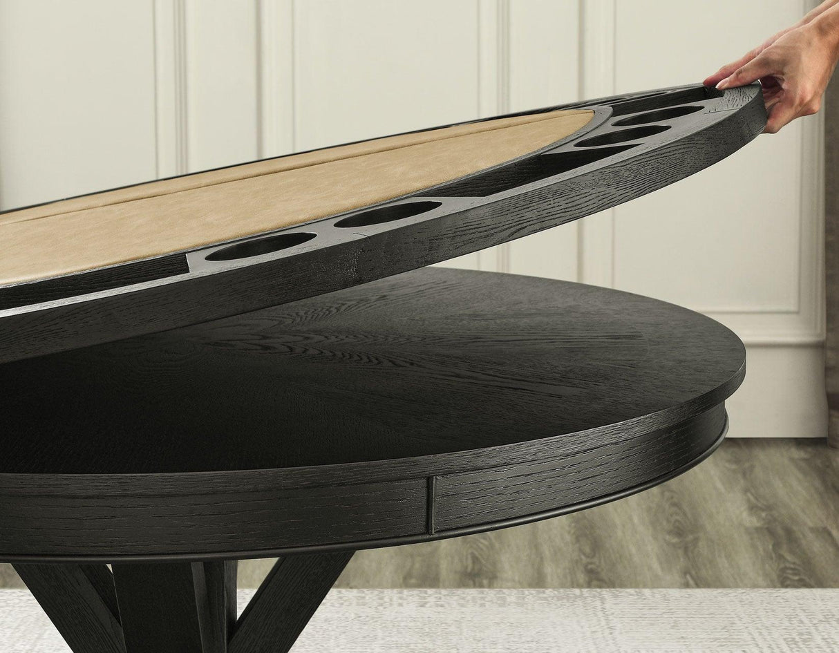 Rylie 48-inch Round Dining Table with Folding Game Top, Black Finish by Steve Silver at Eve Furniture