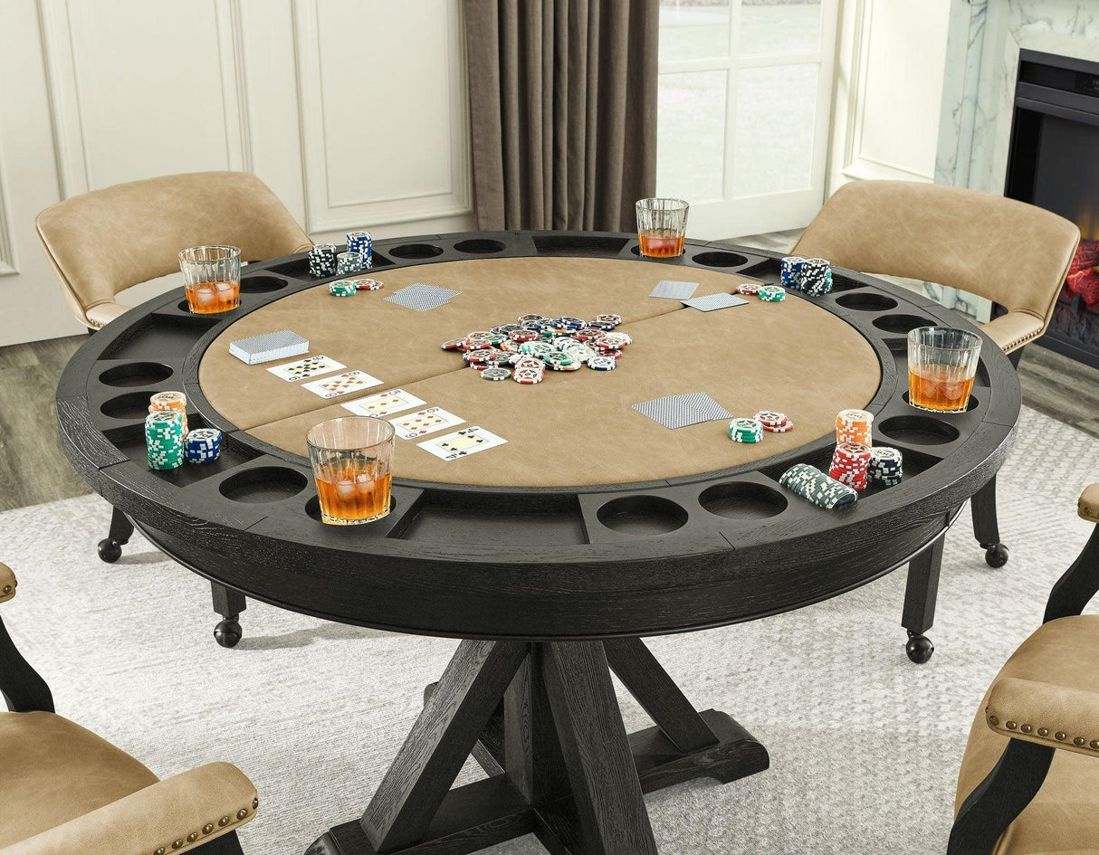 Rylie 48-inch Round Dining Table with Folding Game Top, Black Finish by Steve Silver at Eve Furniture