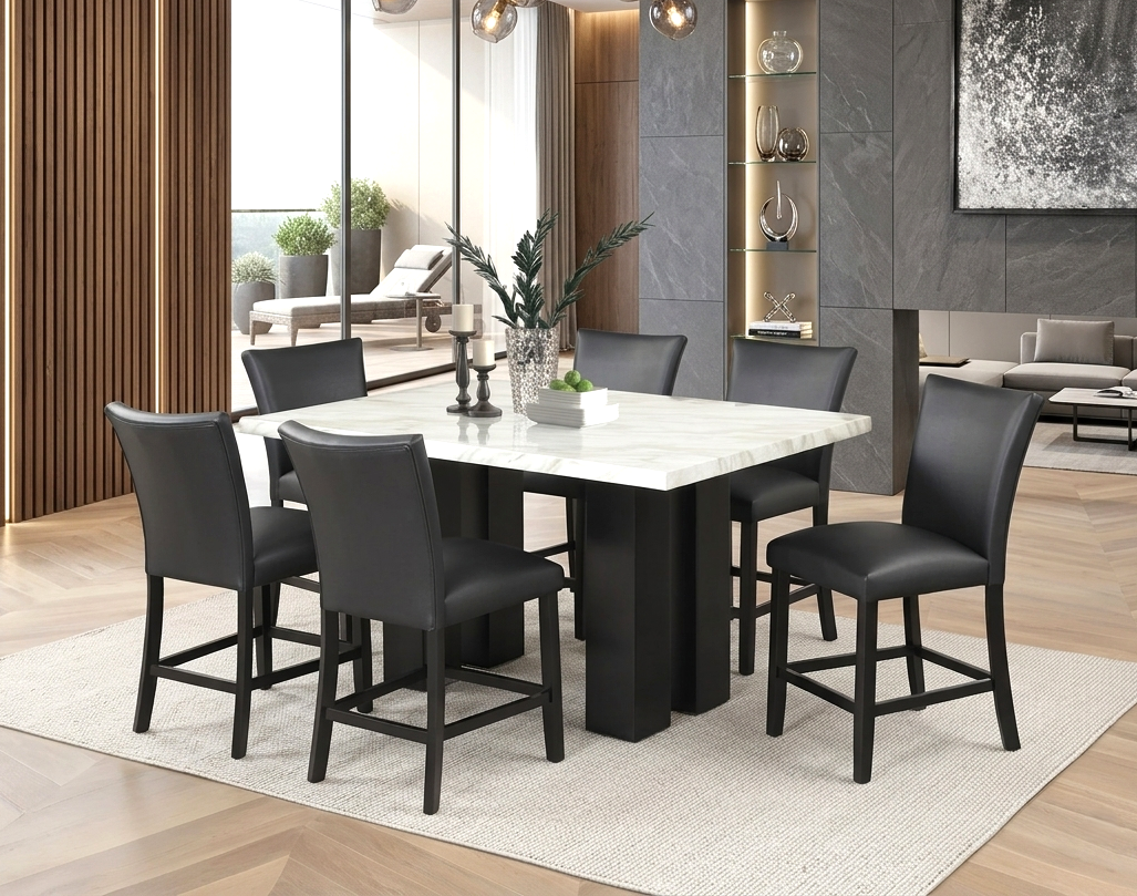 Stockholm PU Black 7-Piece Faux Marble Counter Height Set by Happy Homes at Eve Furniture