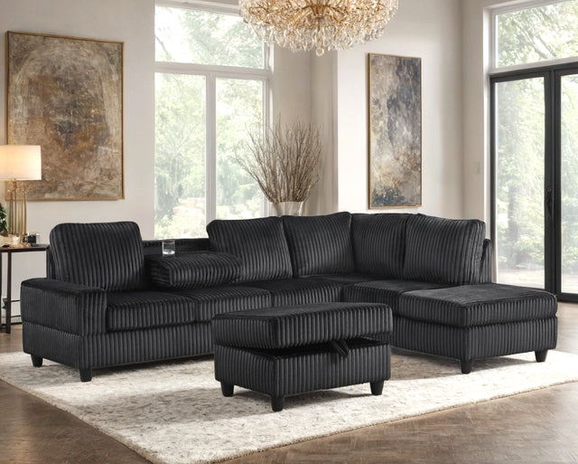 Heights Black Reversible Sectional & Storage Ottoman by Happy Homes at Eve Furniture