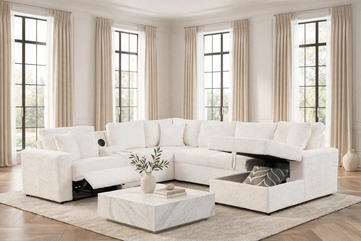 Hunter White Sectional with Bluetooth Speaker & Pull-Out Bed by Happy Homes at Eve Furniture