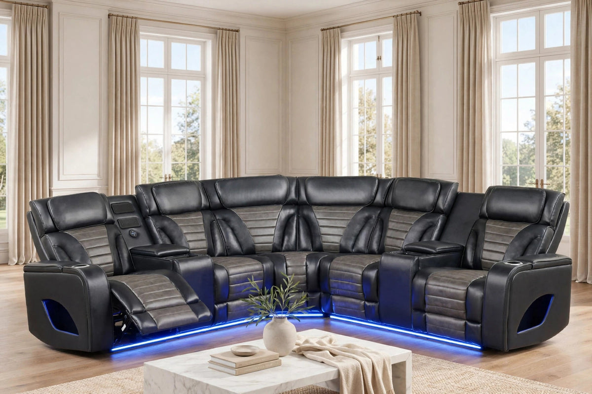 Ibiza Black Power Reclining Sectional (Power Headrests) by Happy Homes at Eve Furniture