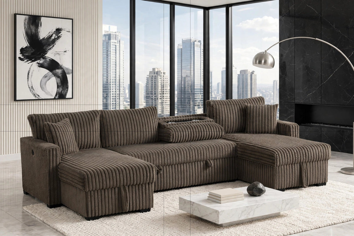 July Mocha Double Storage Chaise Sectional with Pull Out Bed