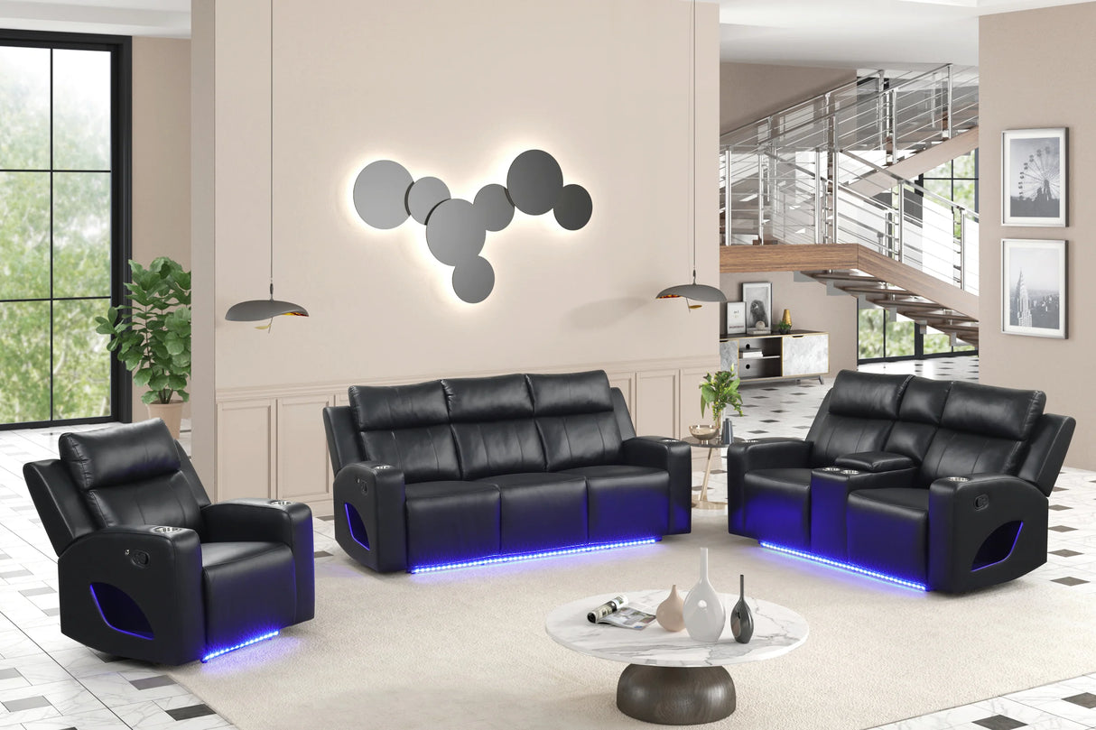 Pinnacle Black Leather 3-Piece Reclining Living Room Set