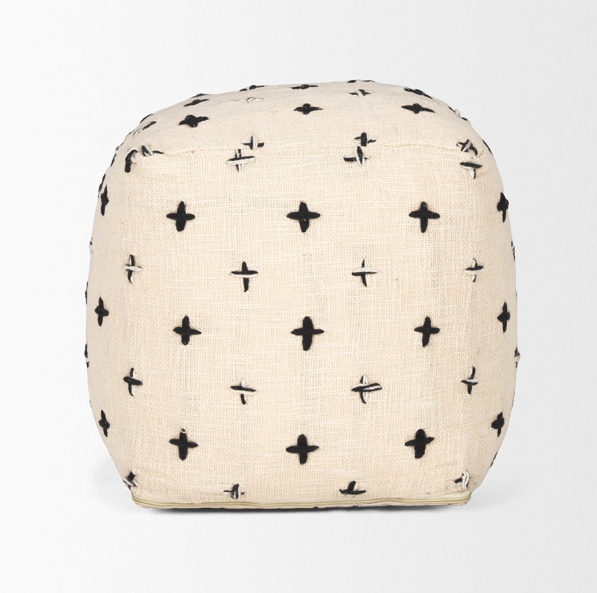 Saanvi Wool w/ Cream and Black Stitched Cross Patterned Pouf by Mercana at Eve Furniture