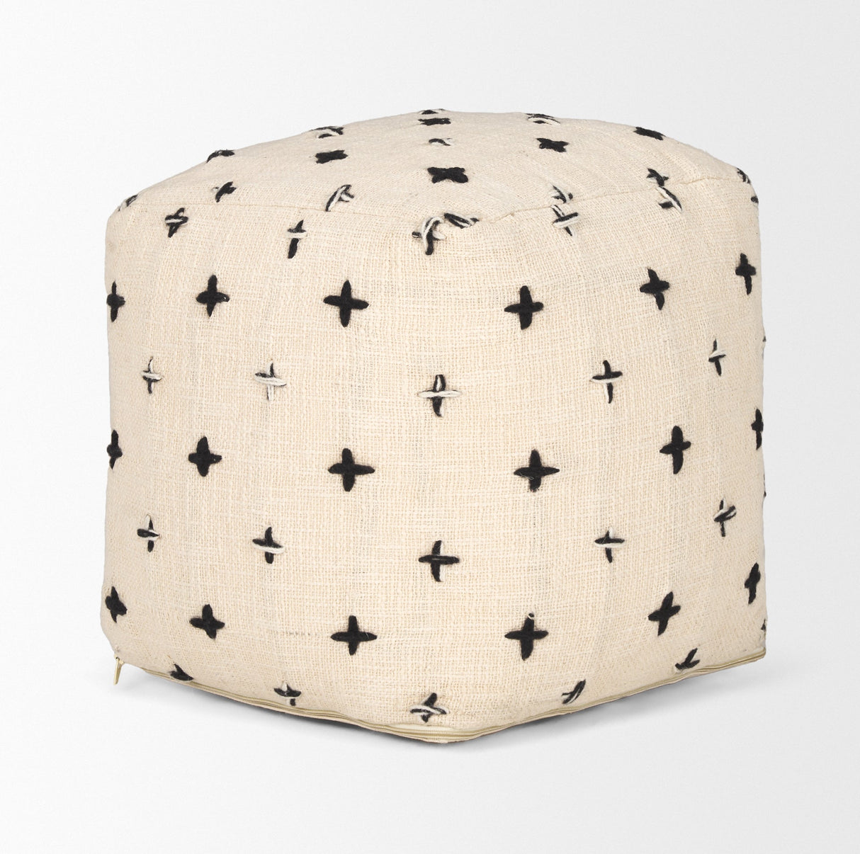 Saanvi Wool w/ Cream and Black Stitched Cross Patterned Pouf by Mercana at Eve Furniture