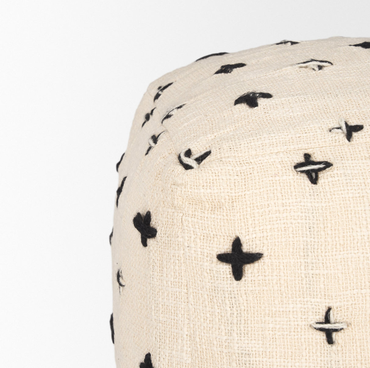 Saanvi Wool w/ Cream and Black Stitched Cross Patterned Pouf by Mercana at Eve Furniture