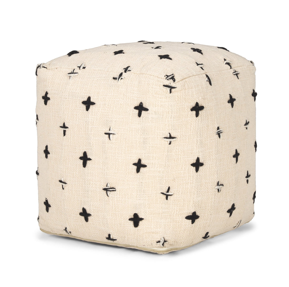 Saanvi Wool w/ Cream and Black Stitched Cross Patterned Pouf by Mercana at Eve Furniture