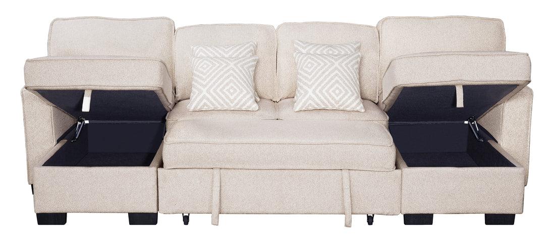 Sahara Beige Double Storage Chaise Sectional w/ Drop Down Cupholders by Happy Homes at Eve Furniture