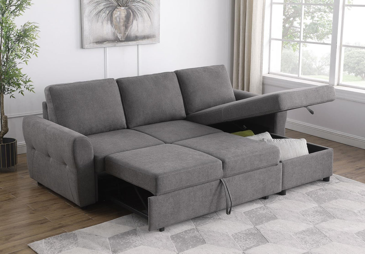 Samantha Grey Upholstered Sleeper Sofa Sectional with Storage Chaise by Coaster at Eve Furniture