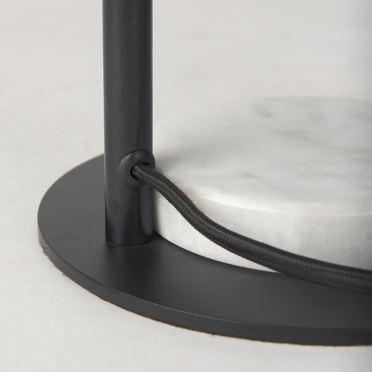 Sarah 15.0L x 10.0W x 22.2H Arched Black Metal W/Marble Cube and White Shade Table Lamp by Mercana at Eve Furniture