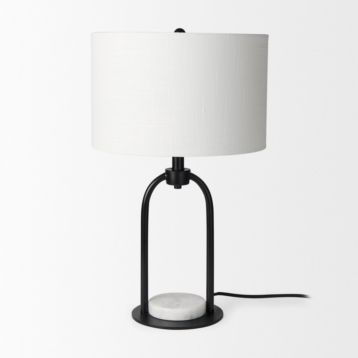 Sarah 15.0L x 10.0W x 22.2H Arched Black Metal W/Marble Cube and White Shade Table Lamp by Mercana at Eve Furniture