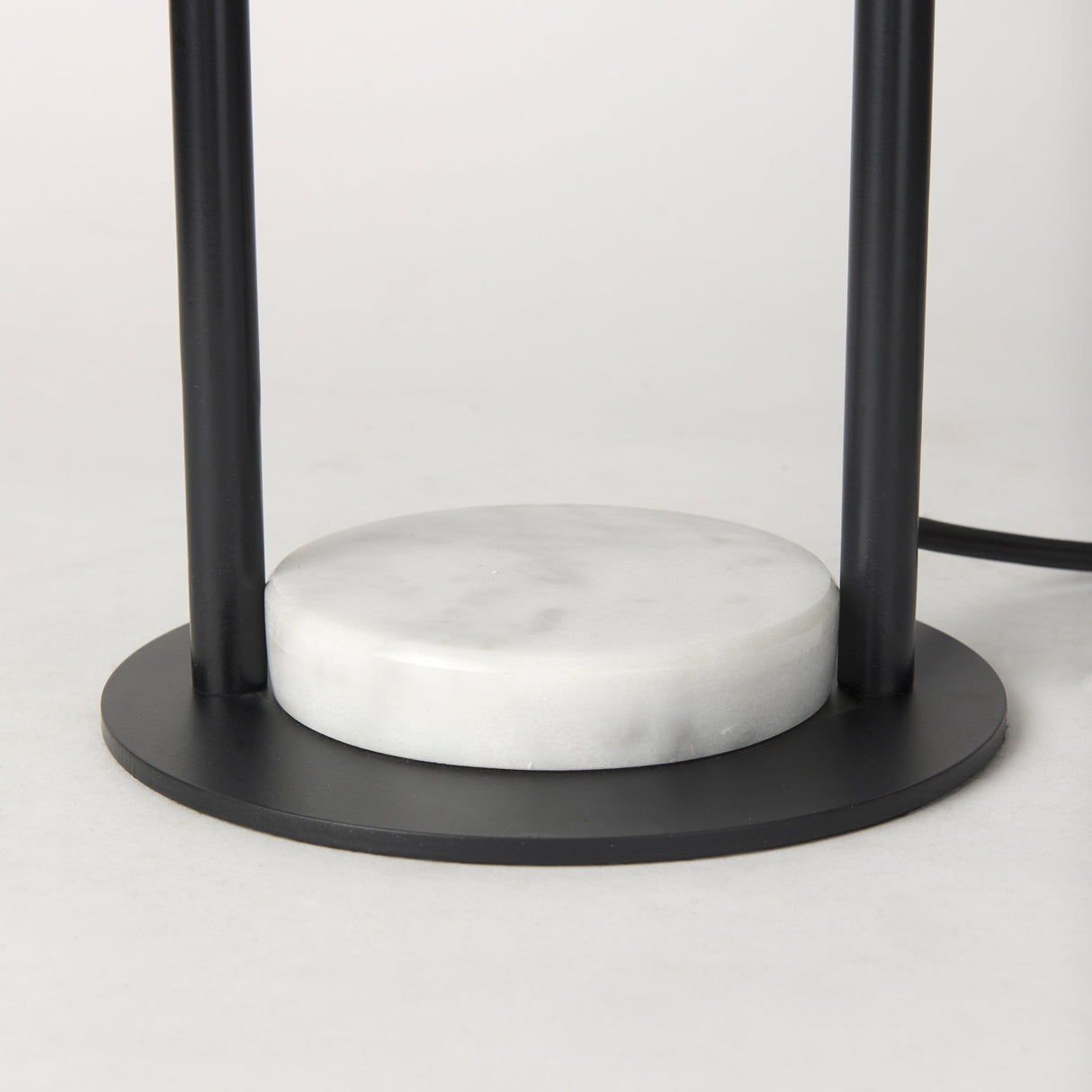 Sarah 15.0L x 10.0W x 22.2H Arched Black Metal W/Marble Cube and White Shade Table Lamp by Mercana at Eve Furniture