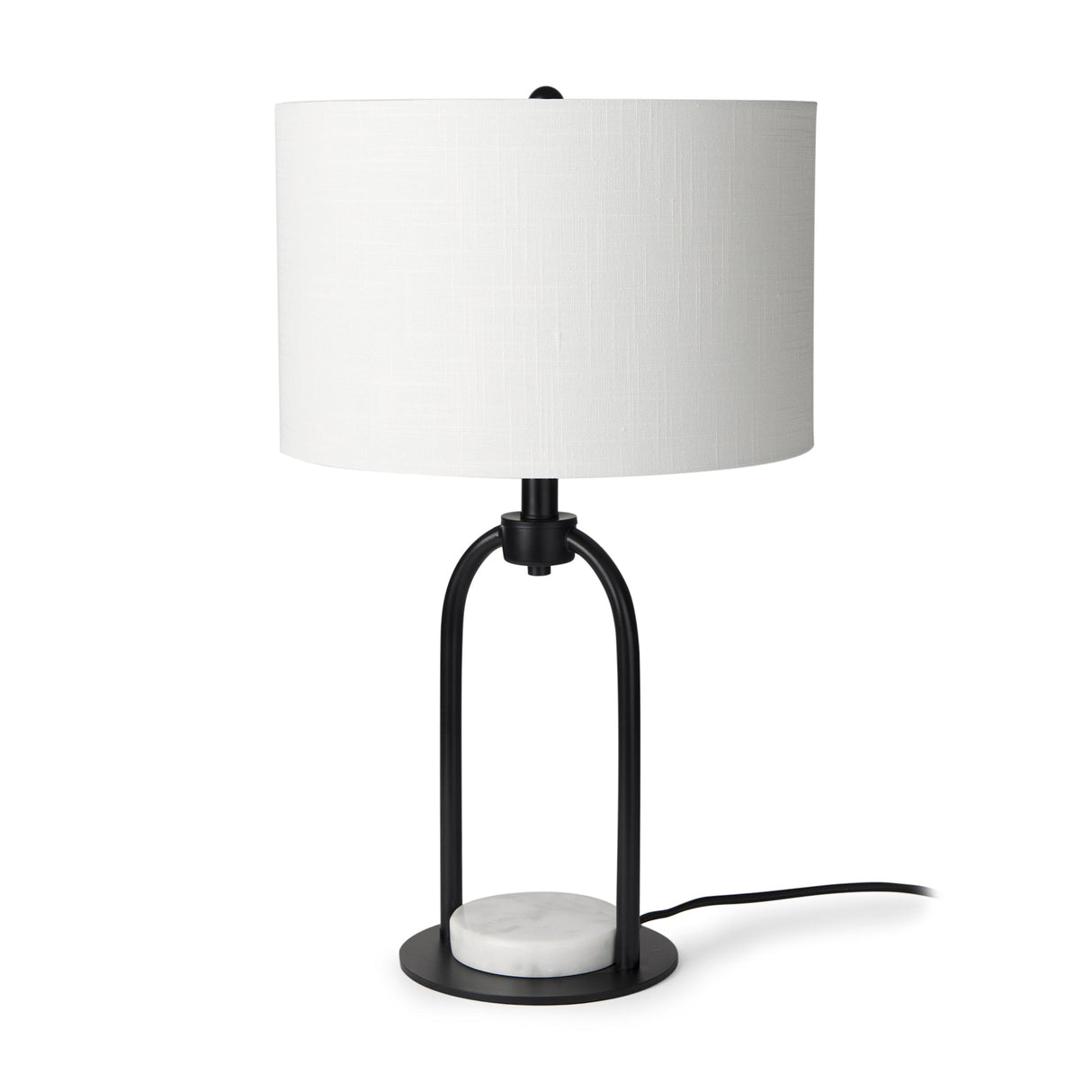 Sarah 15.0L x 10.0W x 22.2H Arched Black Metal W/Marble Cube and White Shade Table Lamp by Mercana at Eve Furniture
