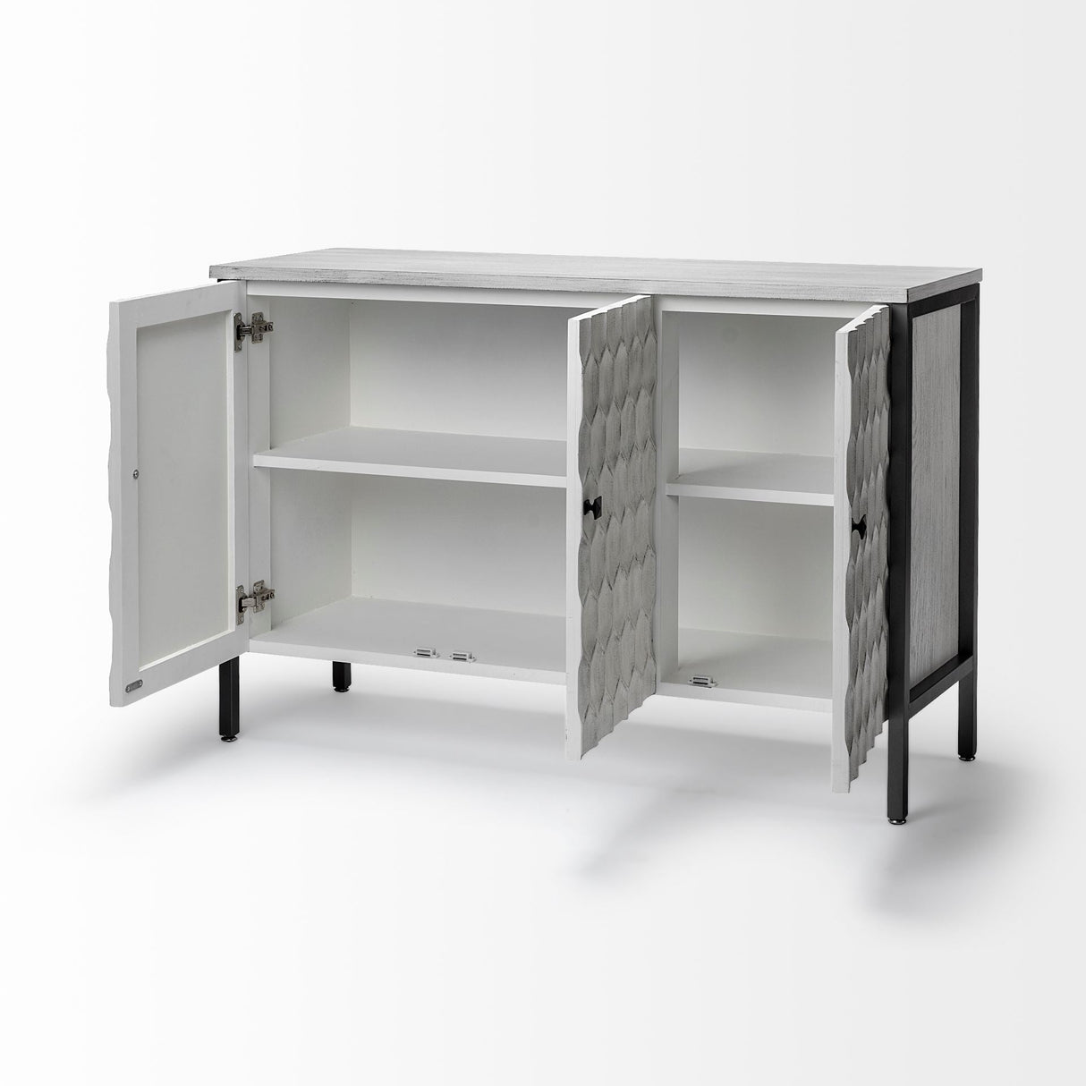 Savannah White Fir Veneer & Gray Metal 3-Door Accent Cabinet by Mercana at Eve Furniture