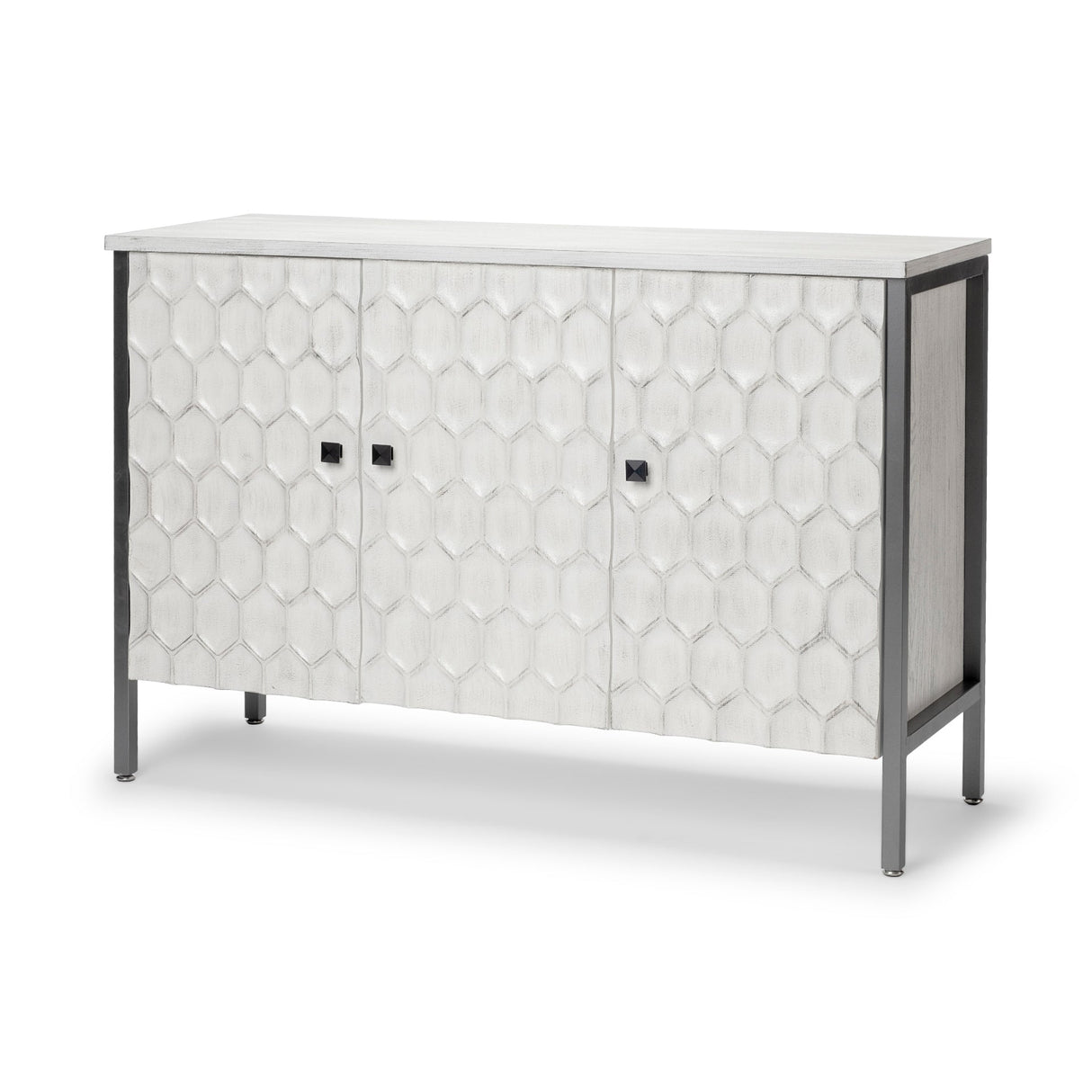 Savannah White Fir Veneer & Gray Metal 3-Door Accent Cabinet by Mercana at Eve Furniture