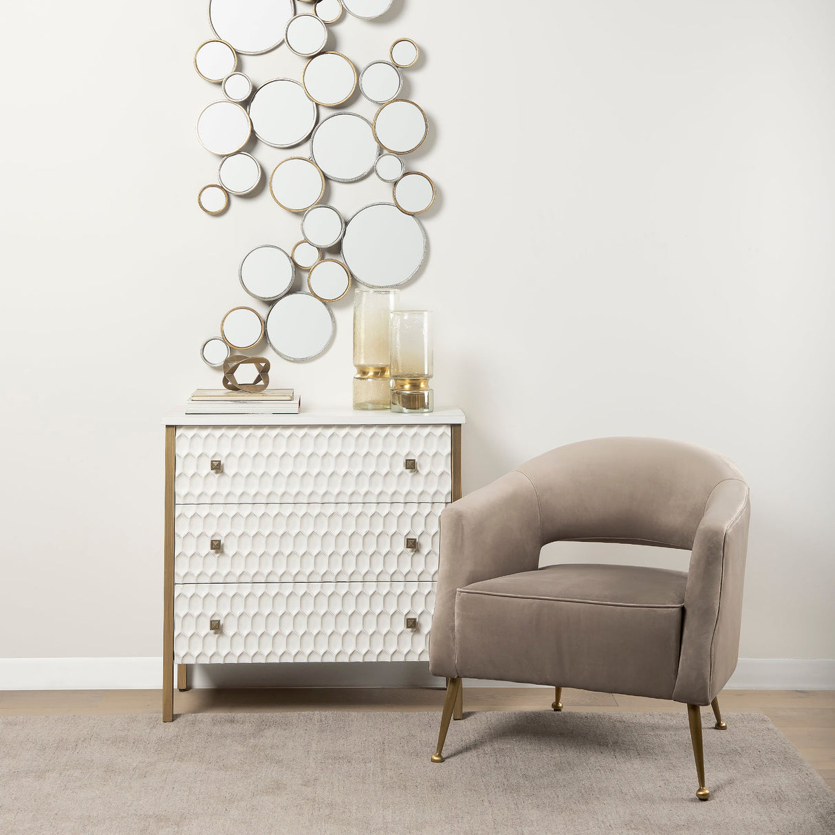 Savannah White Fir Veneer w/ Gold Metal 3-Drawer Accent Cabinet by Mercana at Eve Furniture