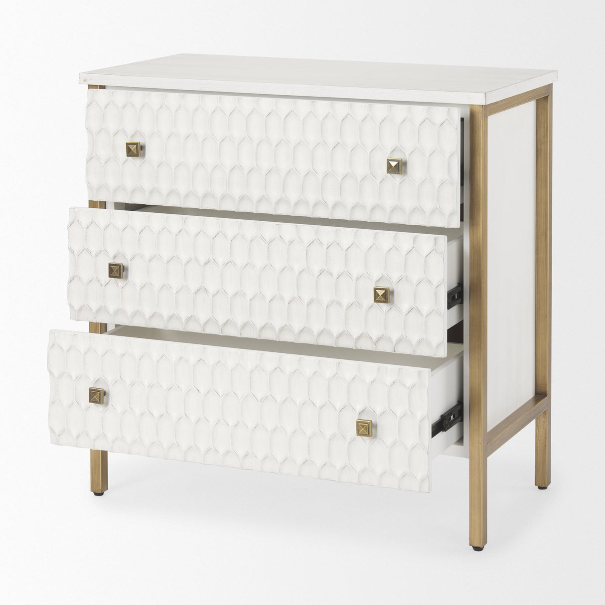 Savannah White Fir Veneer w/ Gold Metal 3-Drawer Accent Cabinet by Mercana at Eve Furniture