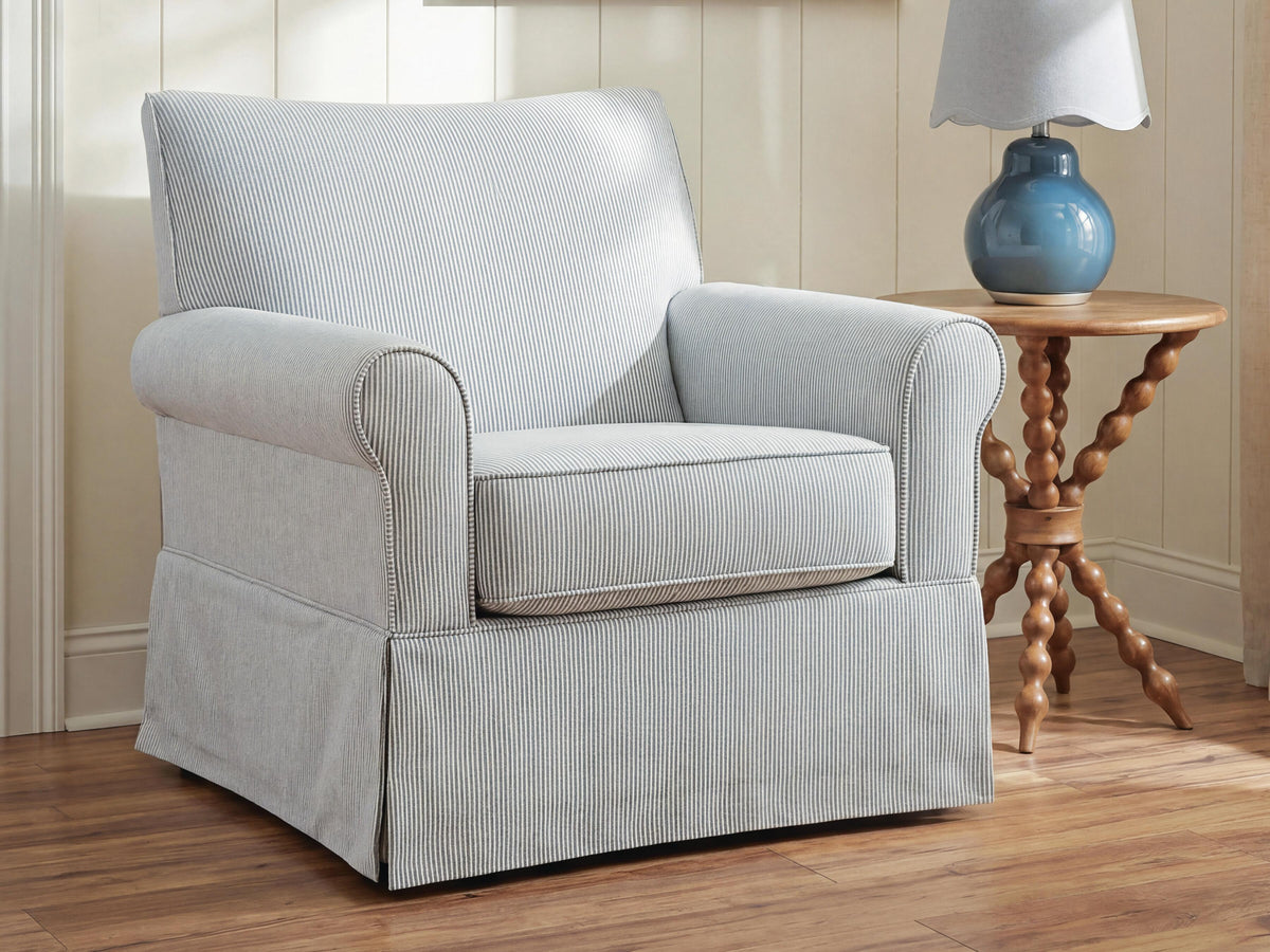 Searcy White/Navy Swivel Glider Accent Chair by Ashley at Eve Furniture