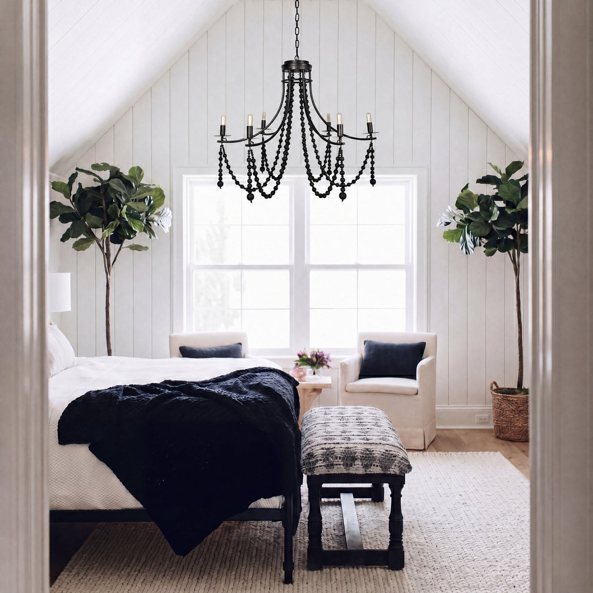 Selma Black Wood Bead and Metal Chandelier by Mercana at Eve Furniture