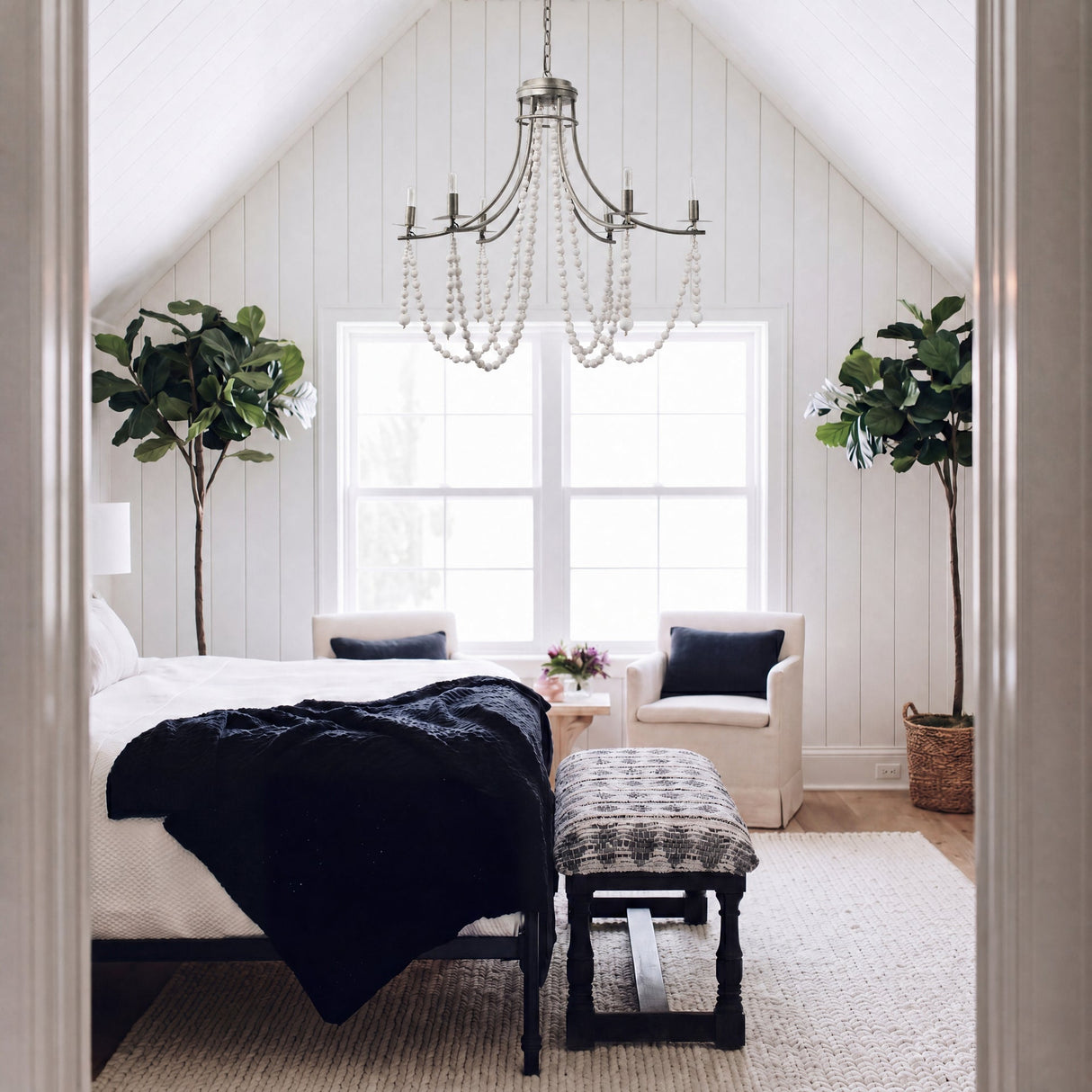 Selma White Wood Bead and Metal Chandelier by Mercana at Eve Furniture