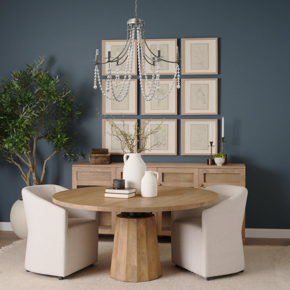 Selma White Wood Bead and Metal Chandelier by Mercana at Eve Furniture