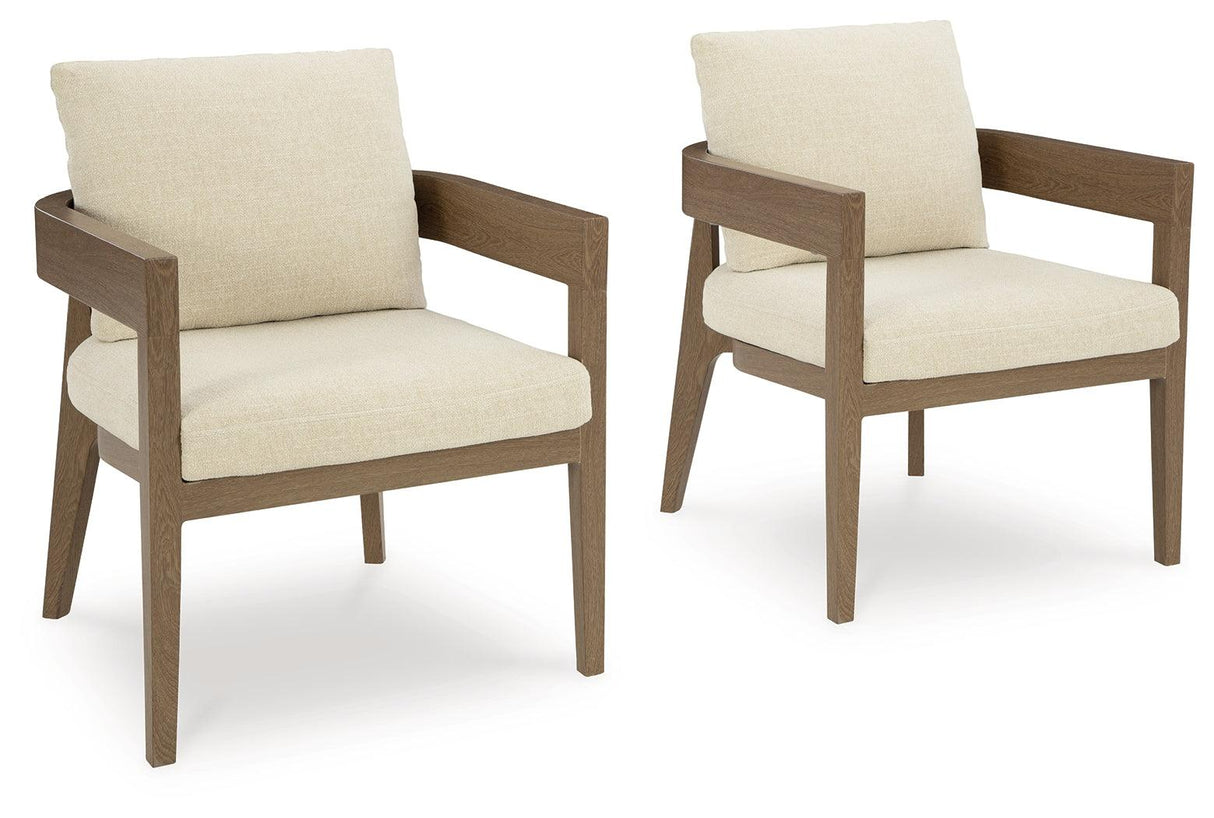 Serene Bay Dark Brown/White Outdoor Dining Arm Chair with Cushion by Ashley at Eve Furniture