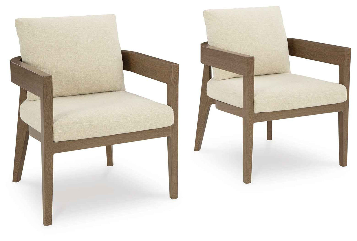 Serene Bay Dark Brown/White Outdoor Dining Arm Chair with Cushion by Ashley at Eve Furniture