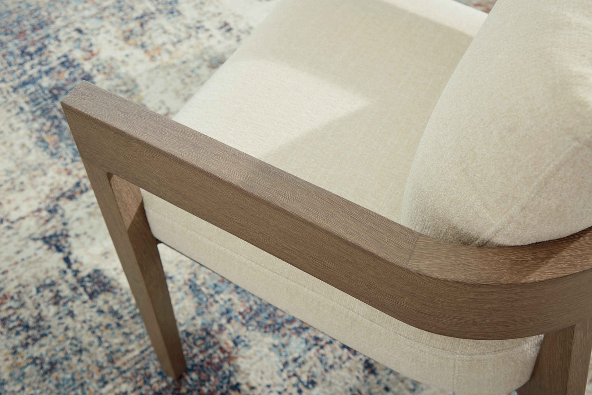 Serene Bay Dark Brown/White Outdoor Dining Arm Chair with Cushion by Ashley at Eve Furniture