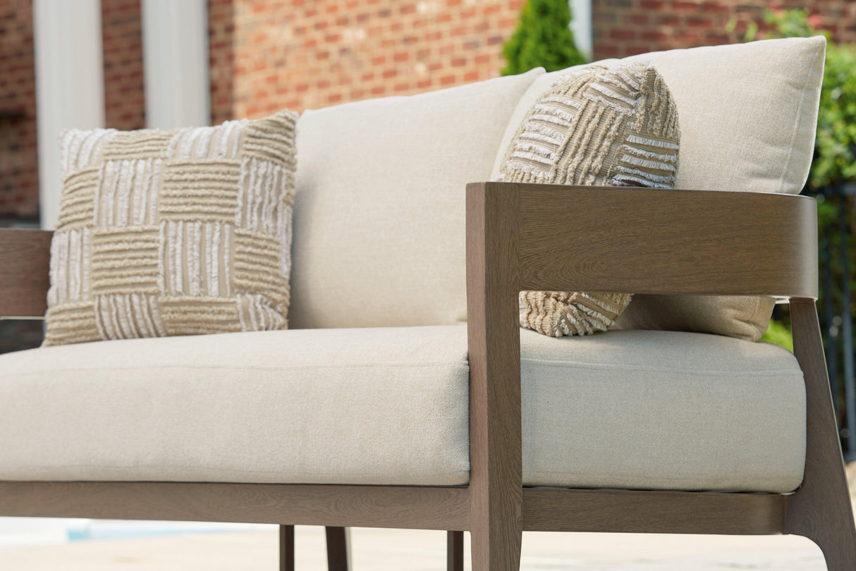 Serene Bay Dark Brown/White Outdoor Loveseat with Cushion by Ashley at Eve Furniture