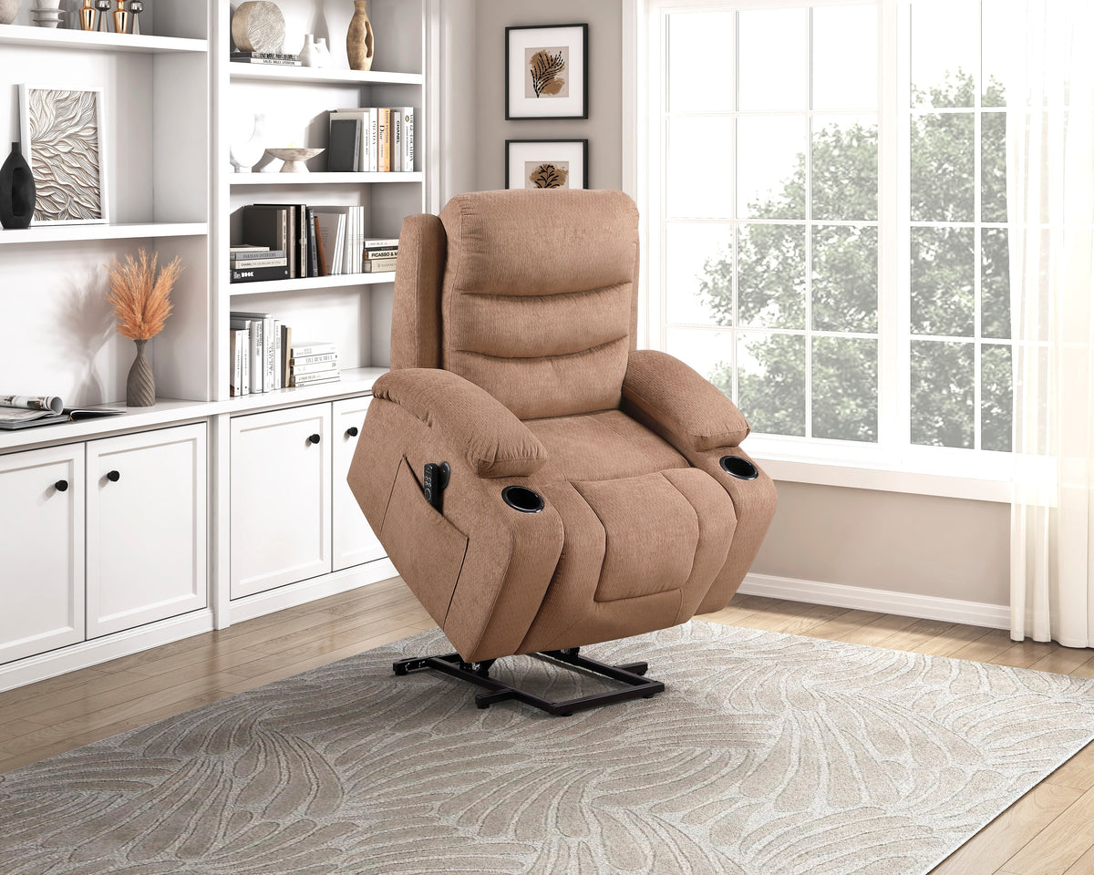 Sereno Brown Power Lift Chair with Massage, Heat, Charging Ports and Cup-holders by Homelegance at Eve Furniture