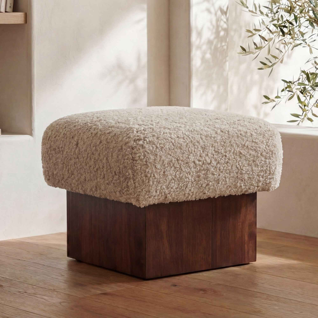 Serge Cream Faux Shearling Ottoman by Moe's Home at Eve Furniture