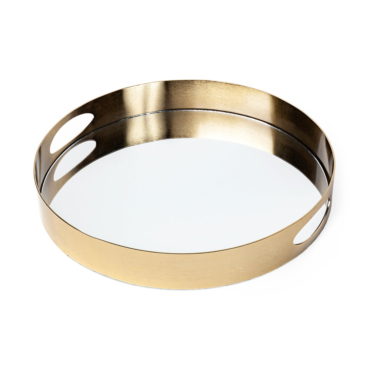 Serkis 15L x 15W Gold Metal Mirrored Base Round Tray by Mercana at Eve Furniture