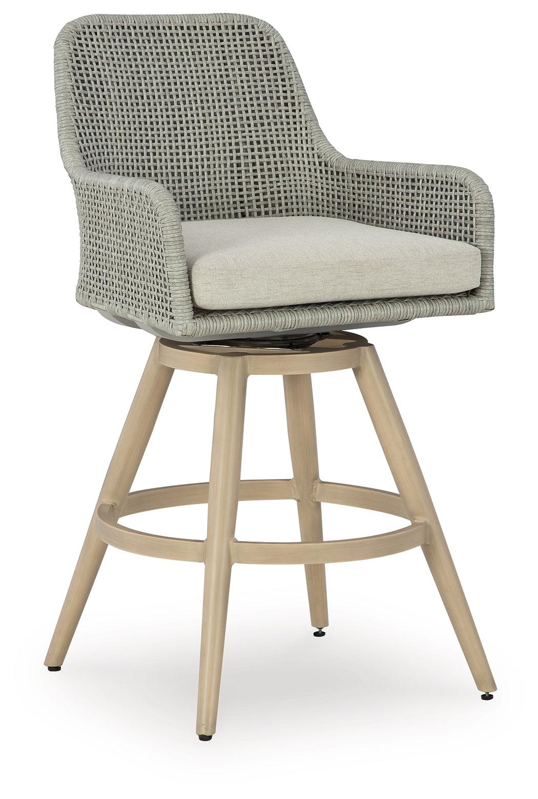 Seton Creek Beige/Gray Outdoor Bar Height Barstool with Cushion (Set of 2) by Ashley at Eve Furniture