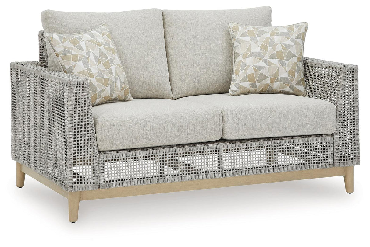 Seton Creek Gray Outdoor Loveseat with Cushion by Ashley at Eve Furniture