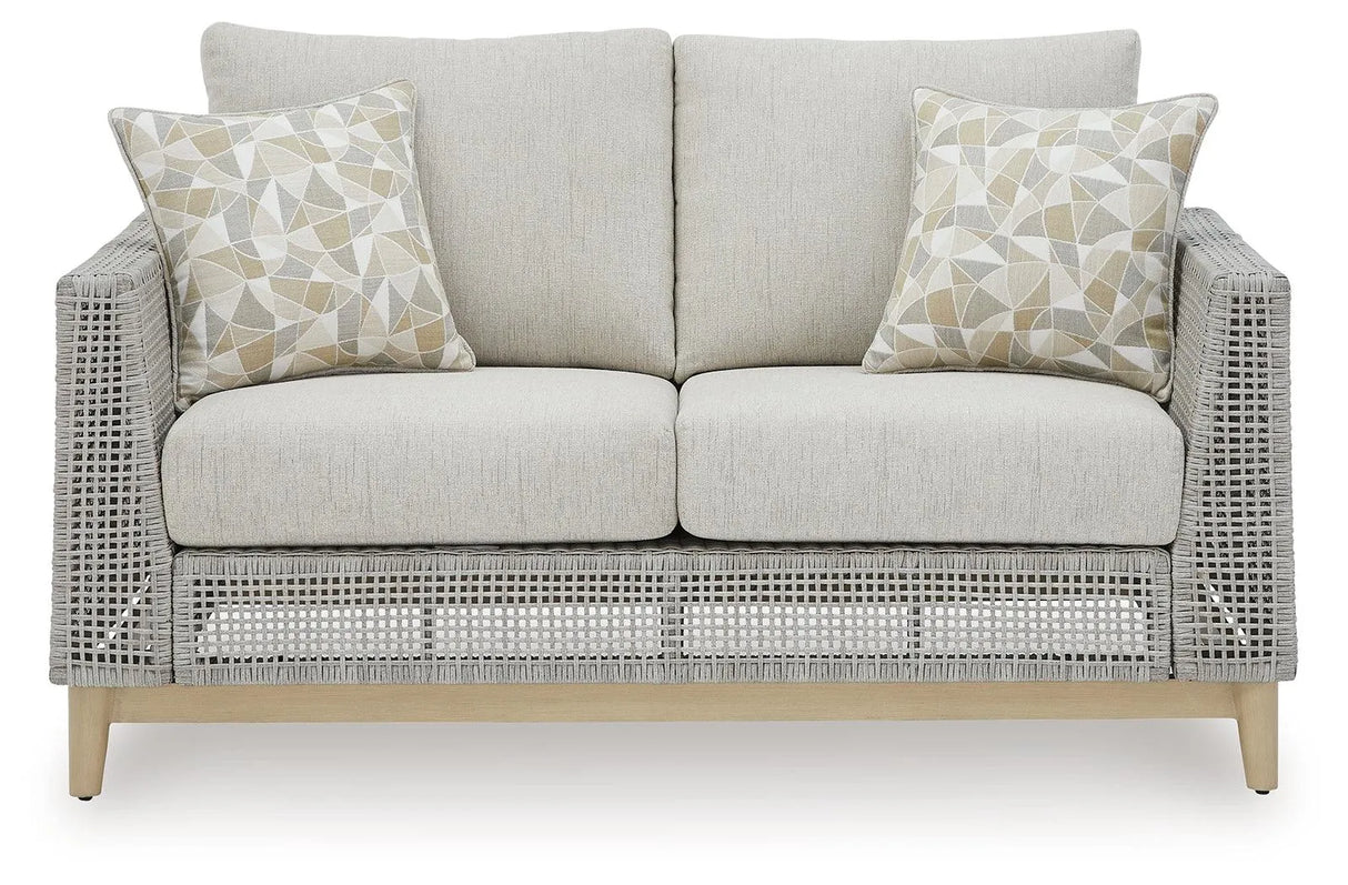 Seton Creek Gray Outdoor Loveseat with Cushion by Ashley at Eve Furniture