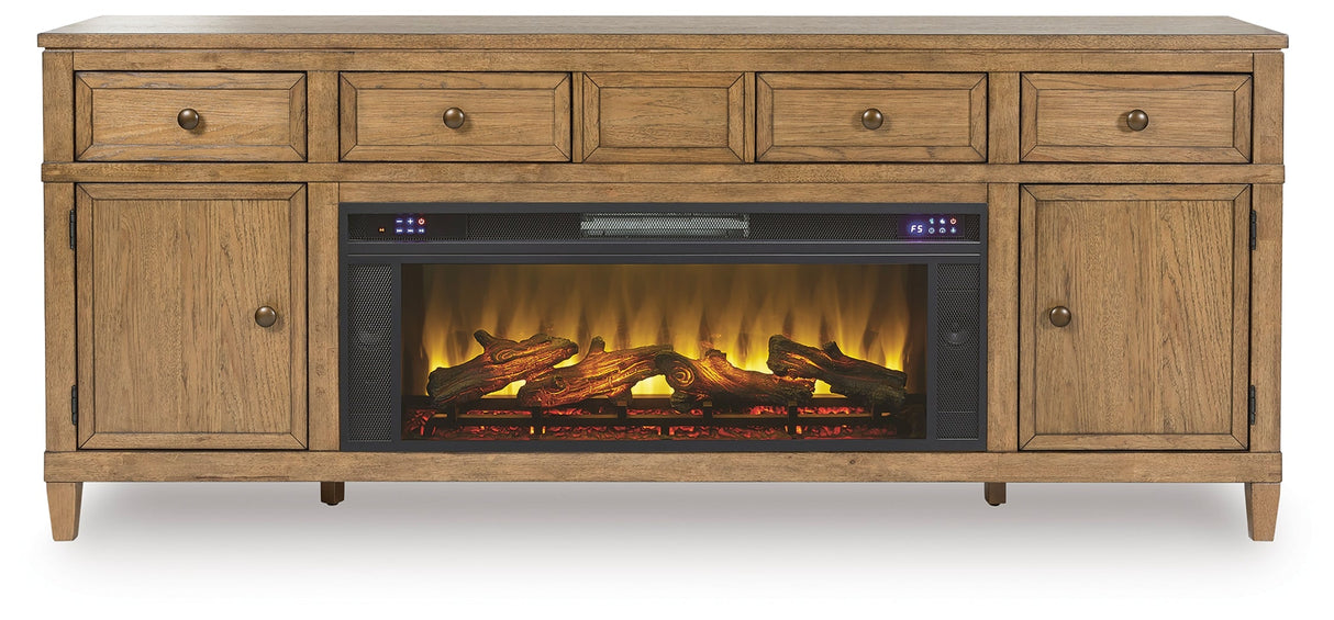 Sharlance Light Brown 81" TV Stand with Electric Fireplace by Ashley at Eve Furniture
