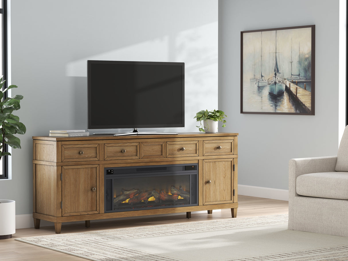 Sharlance Light Brown 81" TV Stand with Electric Fireplace by Ashley at Eve Furniture