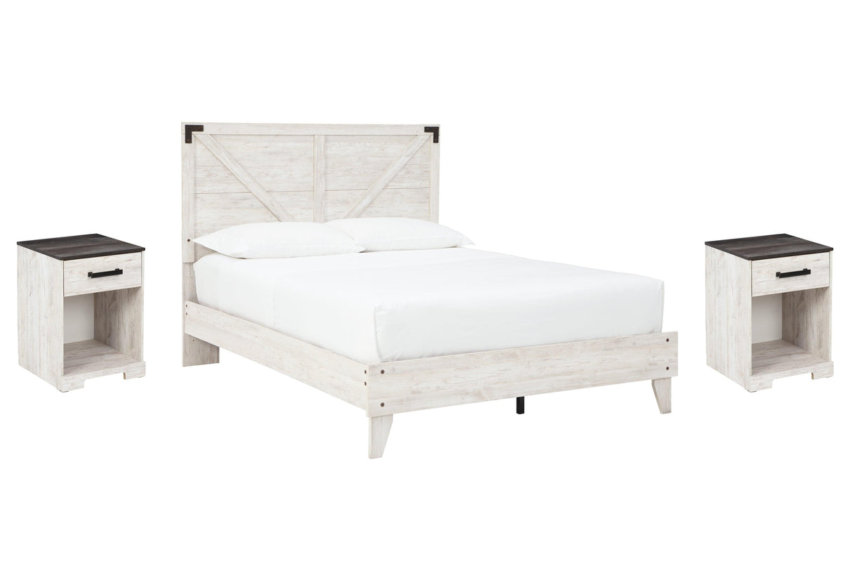 Shawburn Queen Panel Platform Bed with 2 Nightstands in White/Dark Charcoal Gray by Ashley at Eve Furniture