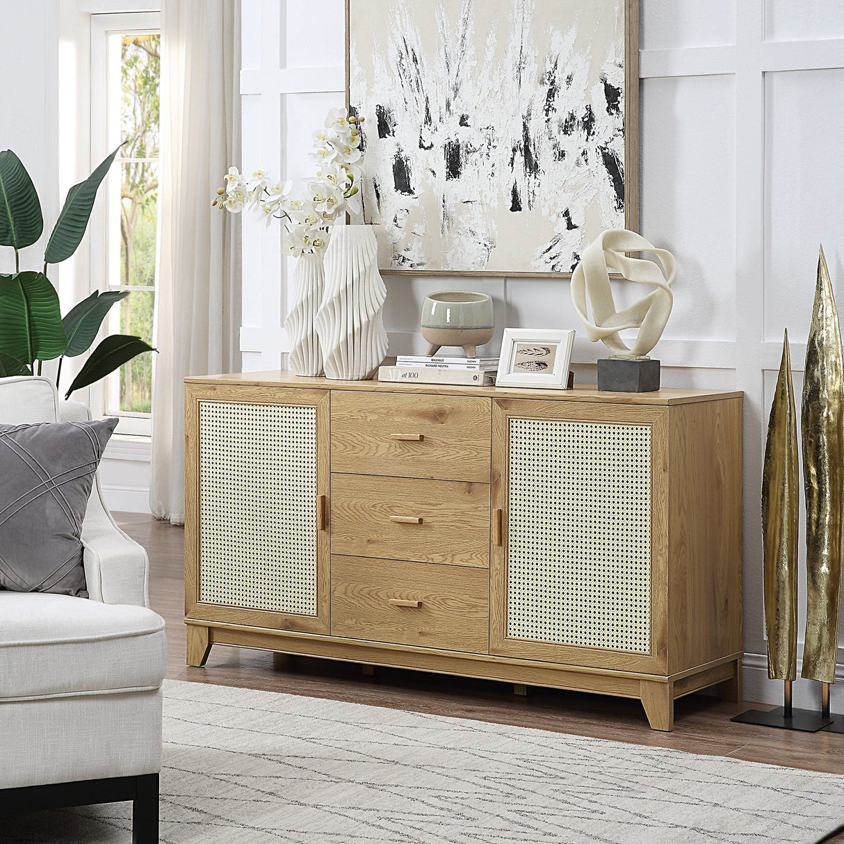 Sheridan 4-Piece Set: Bookcase, TV Stand, Sideboard, End Table in Nature by Manhattan Comfort at Eve Furniture