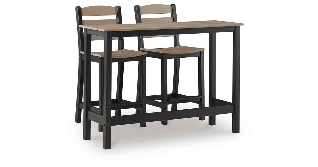 Shoreline Beach Black/Beige Outdoor Counter Table and 2 Barstools by Ashley at Eve Furniture