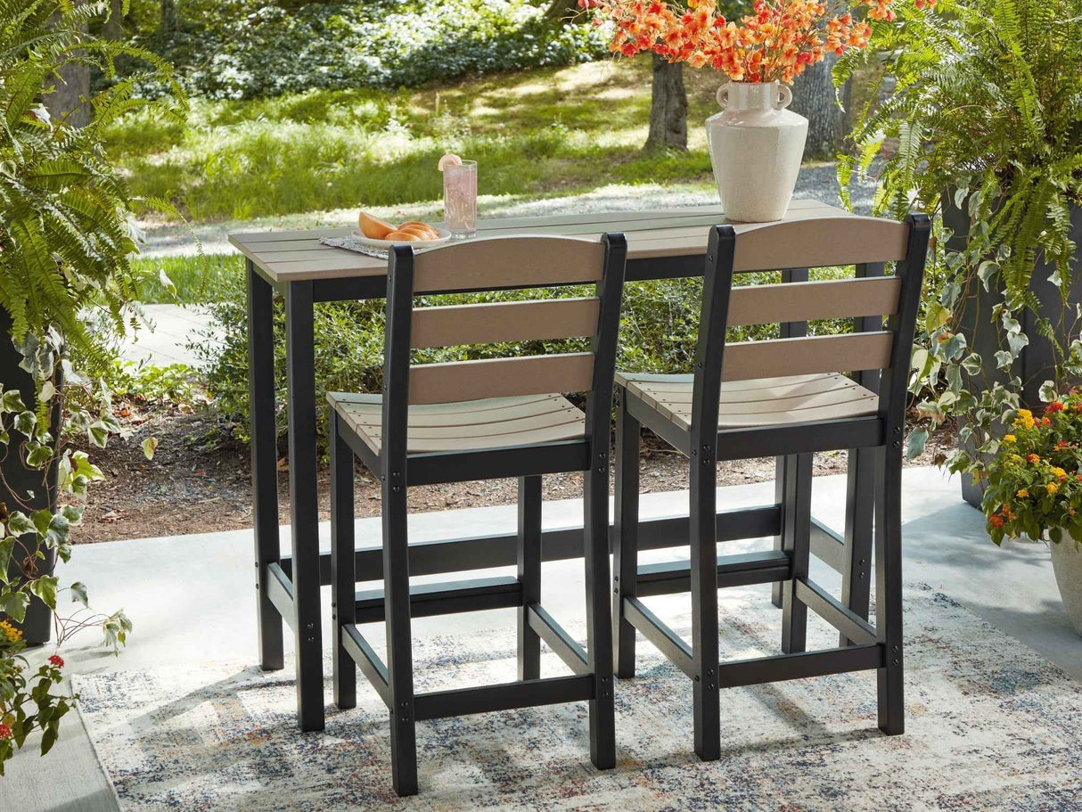 Shoreline Beach Black/Beige Outdoor Counter Table and 2 Barstools by Ashley at Eve Furniture